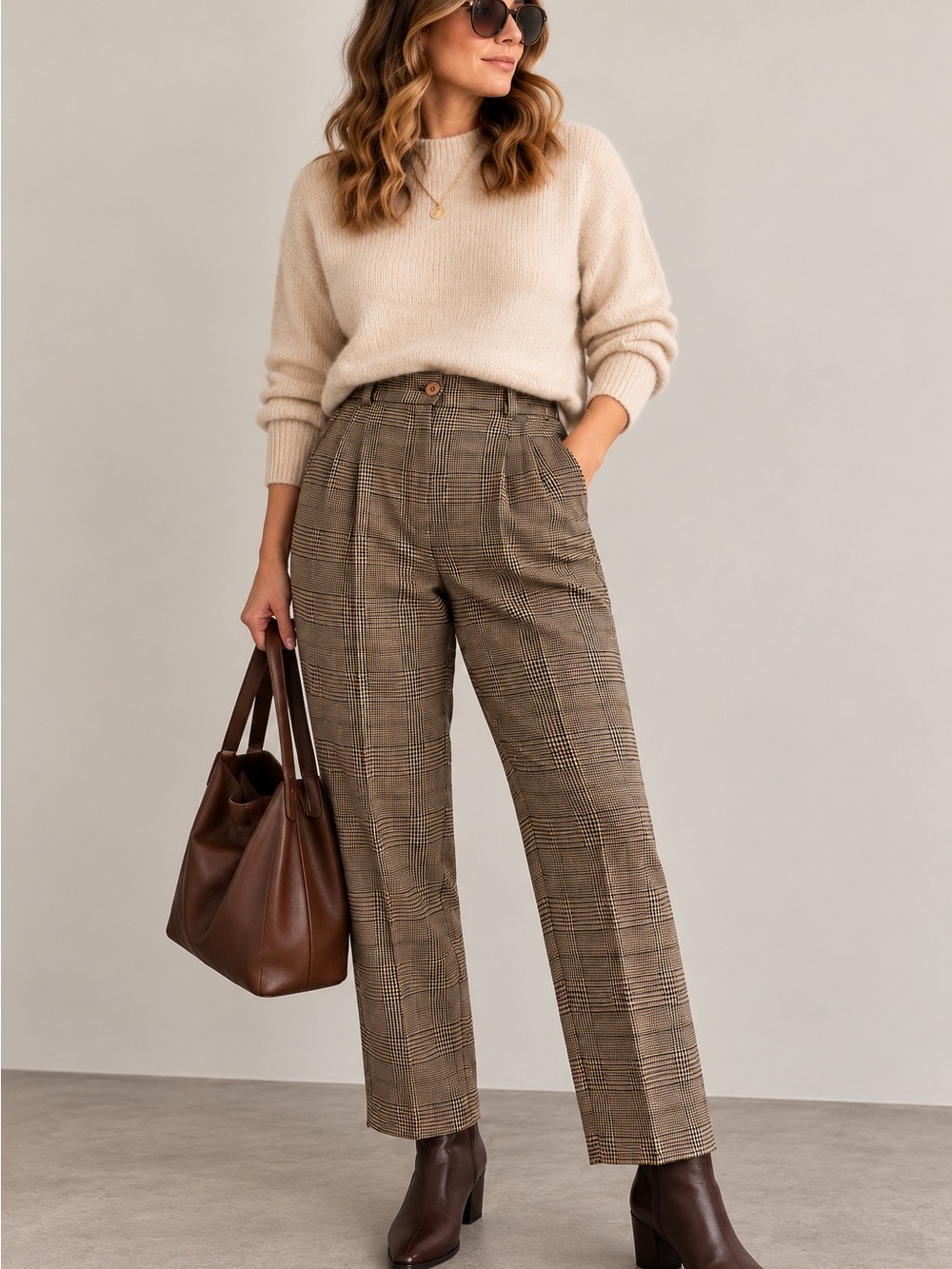 Vintage Wool Silk Houndstooth Plaid Trousers High Rise Pleated Straight Leg Pant